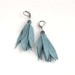 Suede leather tassel earrings in smoky blue image 3
