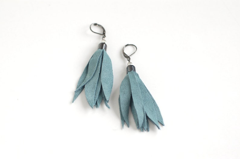 Suede leather tassel earrings in smoky blue image 3