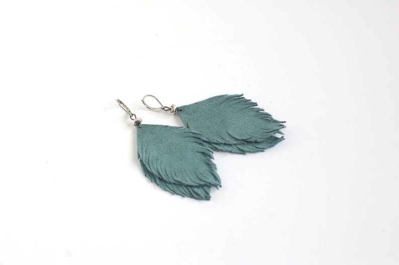 Set of two pairs feather earrings from suede leather in smoky blue and navy blue. image 2
