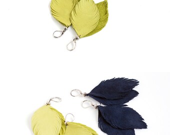 Suede leather feather earrings in lemon and navy blue. Set of two pairs