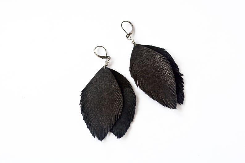 Black feather leather earrings image 1