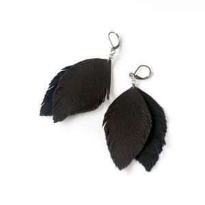 Black feather leather earrings image 2