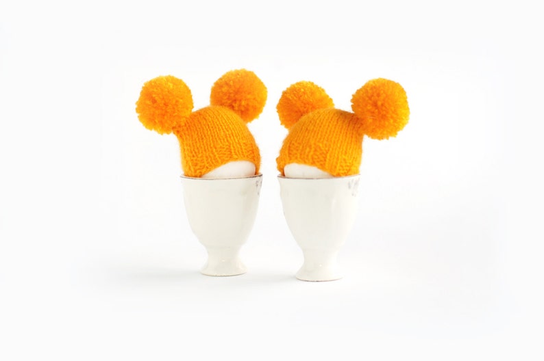 Sunny yellow egg warmers with funny pompoms Easter decoration or small gift. image 1
