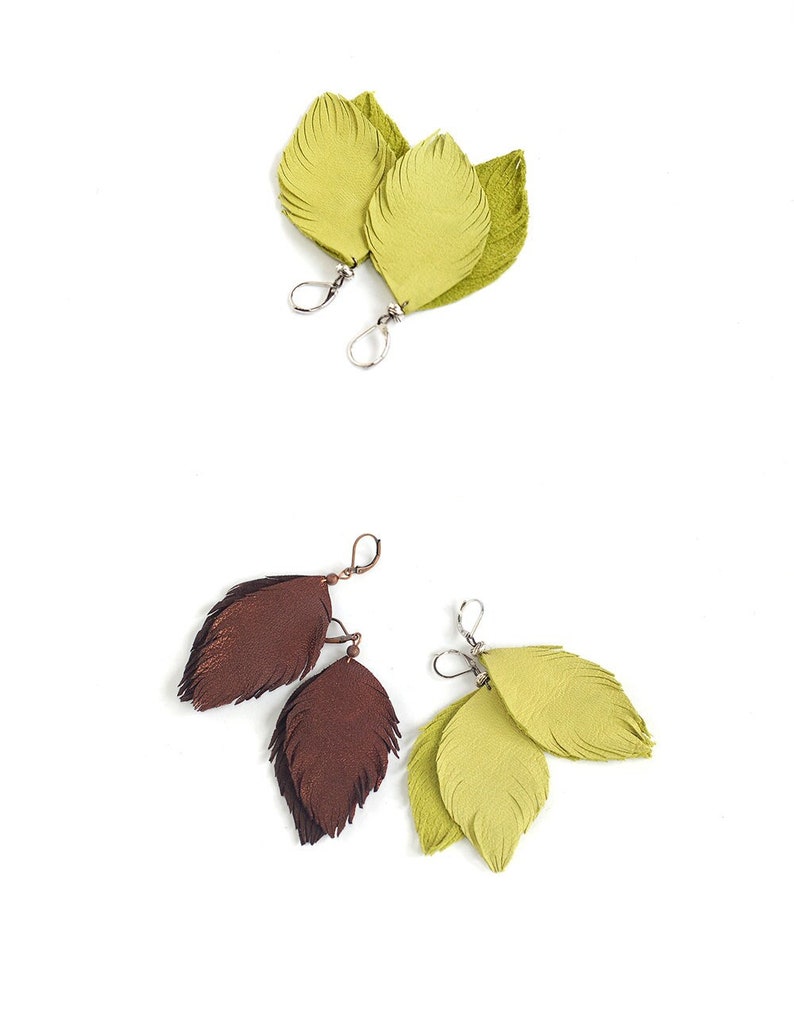 Leather feather earrings in copper brown and in lemon green. Set of two pairs image 1