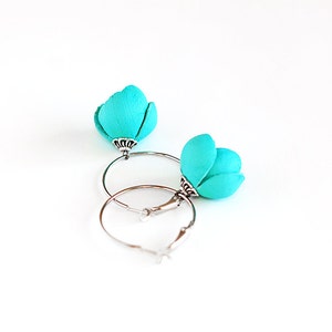 Bright blue flower leather earrings. Handmade leather earrings. Leather jewelry image 3