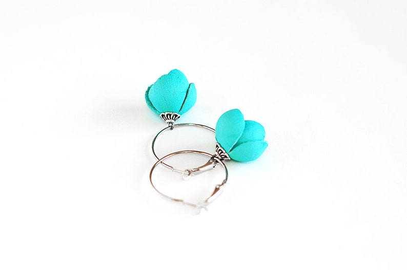 Bright blue flower leather earrings. Handmade leather earrings. Leather jewelry image 3