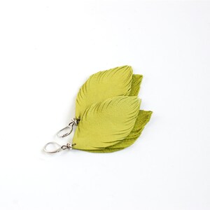 Leather feather earrings in copper brown and in lemon green. Set of two pairs image 5