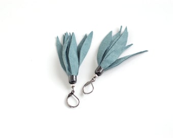 Suede leather tassel earrings in smoky blue