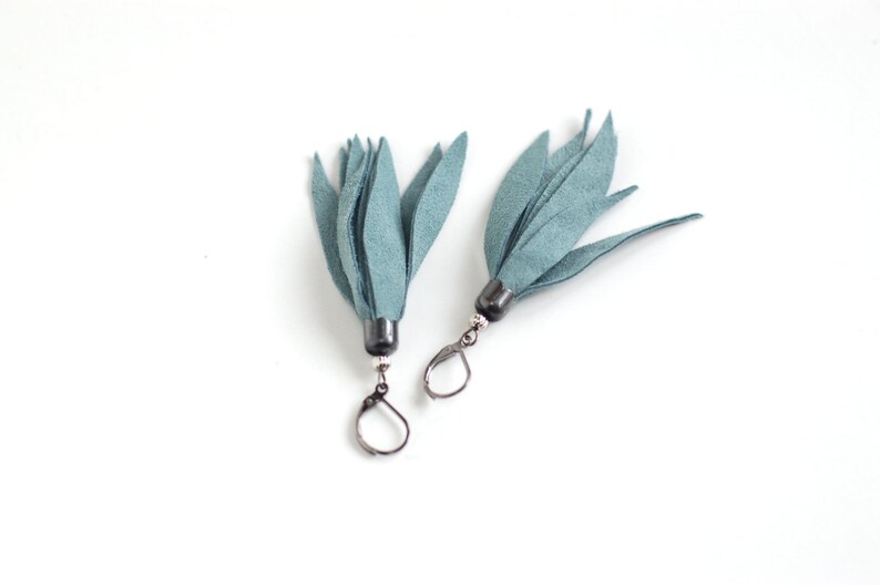 Suede leather tassel earrings in smoky blue image 1