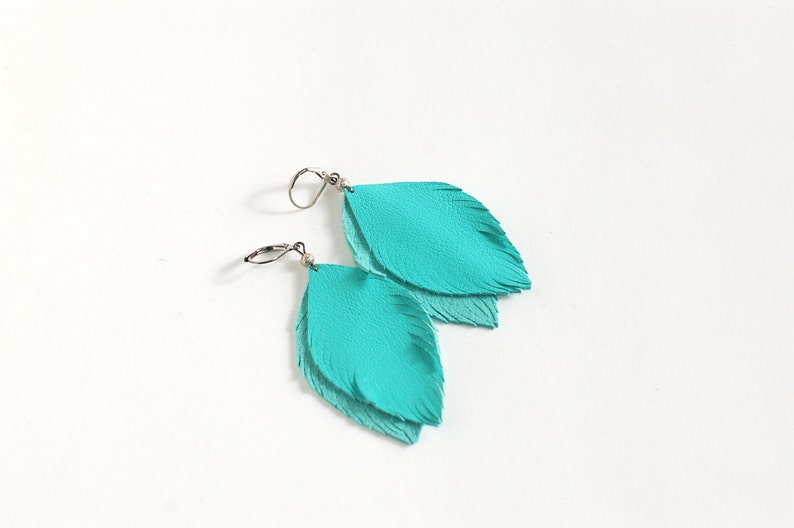 Blue feather leather earrings image 1