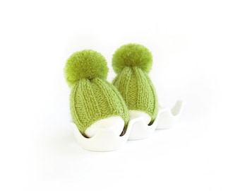 Grass green color egg warmers. Egg hats for Easter breakfast decoration