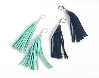 Leather tassel earrings in mint green and navy blue