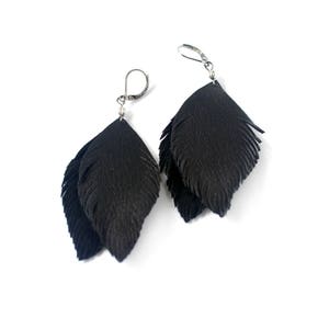 Black feather leather earrings image 3