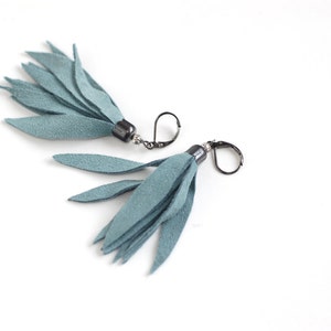 Suede leather tassel earrings in smoky blue image 2
