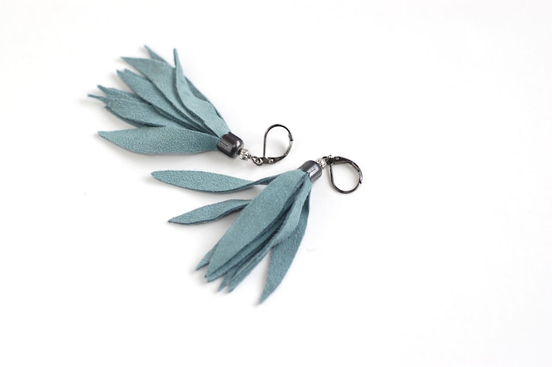 Suede leather tassel earrings in smoky blue image 2