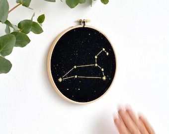 Lion constellation Gold print Wall Art, Zodiac star sign, astrology,  embroidery hoop art, wall decoration art by renna deluxe