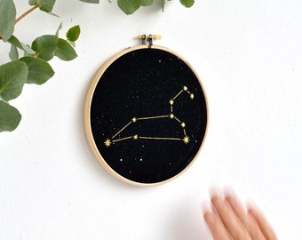 Lion constellation Gold print Wall Art, Zodiac star sign, astrology,  embroidery hoop art, wall decoration art by renna deluxe