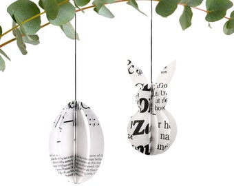 Easter bunny ornament upcycled of paper black and white modern decoration by renna deluxe