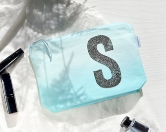 Personalised make up bag dip dyed with initial, monogram, turquoise, mint, unique gift by renna deluxe