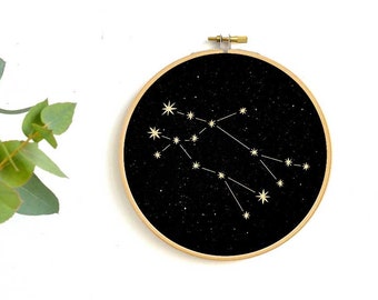 Gemini constellation Gold print Wall Art, Zodiac star sign under the stars  embroidery hoop art, wall decoration art by renna deluxe