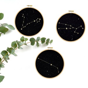 Gemini constellation Gold print Wall Art, Zodiac star sign under the stars embroidery hoop art, wall decoration art by renna deluxe zdjęcie 6