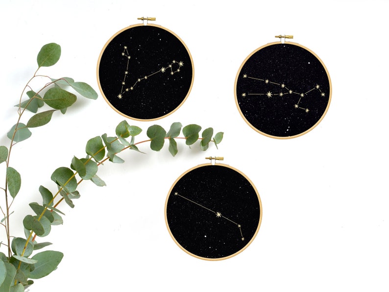 Gemini constellation Gold print Wall Art, Zodiac star sign under the stars embroidery hoop art, wall decoration art by renna deluxe zdjęcie 6