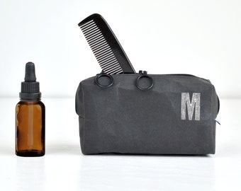 Personalized wash bag for man with beard vegan, initial, washable paper, made by renna deluxe