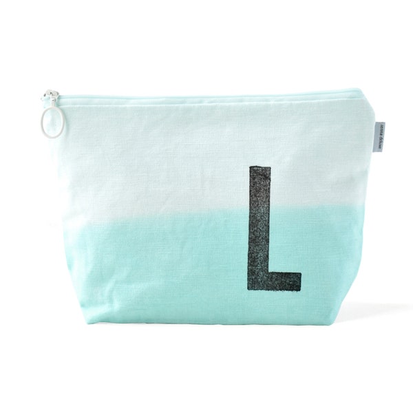 Personalized wash bag makeup bag with monogram dip dyed initial stamped by renna deluxe