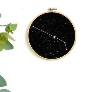 Peut inclure: Un cercle de broderie noir avec un motif de constellation dorée sur fond blanc. La constellation est le Bélier.