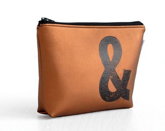 personalised makeup bag in BRONZE stamped with monogram, vegan, by renna deluxe