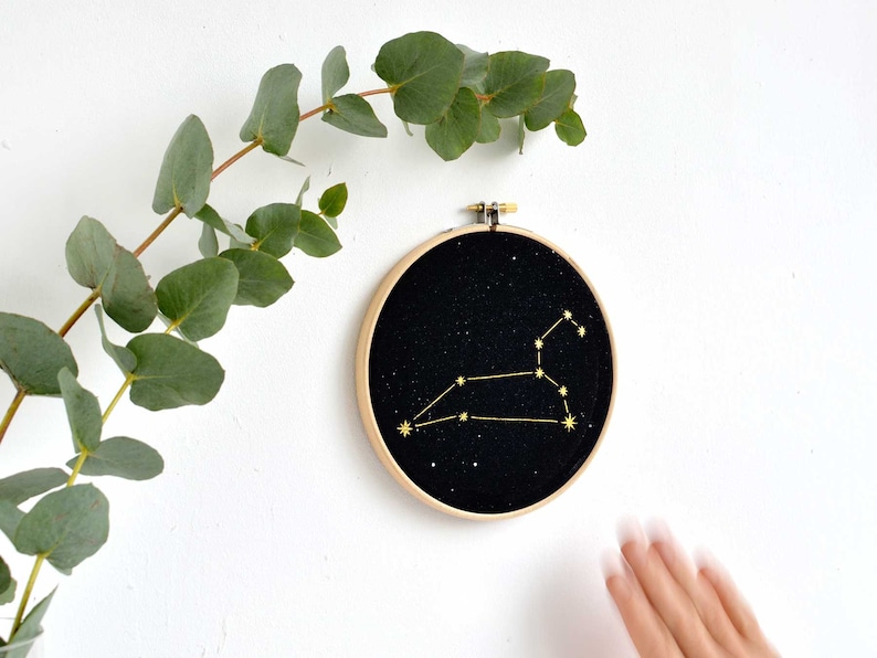 Gemini constellation Gold print Wall Art, Zodiac star sign under the stars embroidery hoop art, wall decoration art by renna deluxe zdjęcie 2