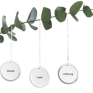 LIEBE GLAUBE HOFFNUNG, set of 3, virtues ornament in German pure and minimal made by renna deluxe White