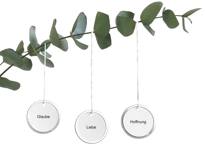 LIEBE GLAUBE HOFFNUNG, set of 3, virtues ornament in German pure and minimal made by renna deluxe White