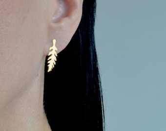 Gold fern leaf earring studs handmade jewelry by renna deluxe