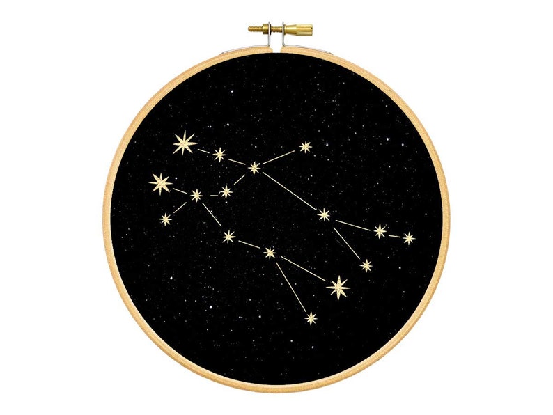 Gemini constellation Gold print Wall Art, Zodiac star sign under the stars embroidery hoop art, wall decoration art by renna deluxe zdjęcie 5