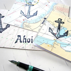 Tarjeta de felicitación ANKER, tarjeta plegable hecha de un antiguo mapa náutico original, reciclado, hecho a mano por renna deluxe