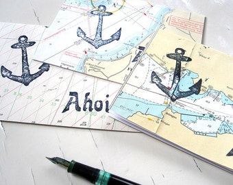 Carte de voeux Anchor en carte marine originale, upcycling by Renna deluxe