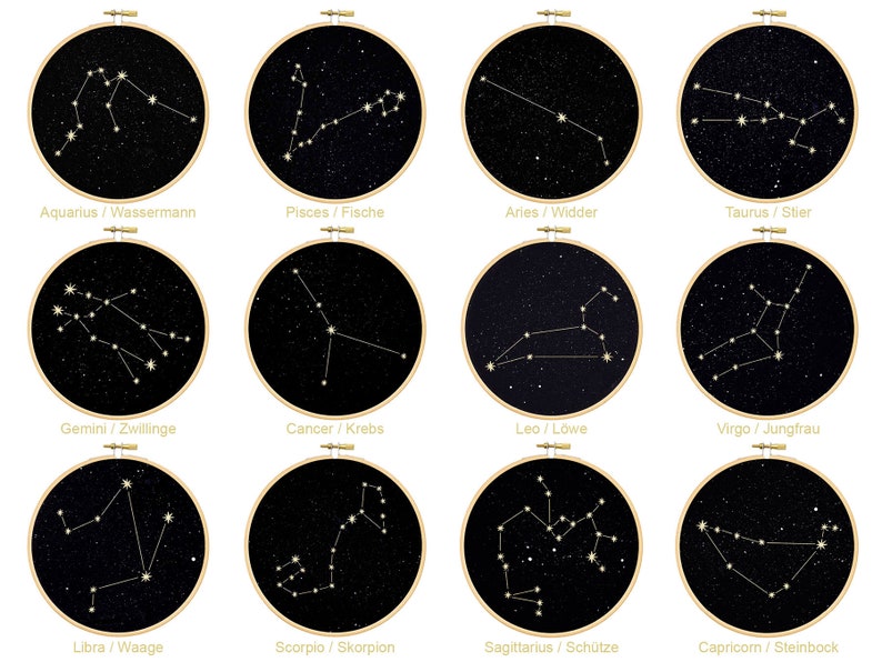 Gemini constellation Gold print Wall Art, Zodiac star sign under the stars embroidery hoop art, wall decoration art by renna deluxe zdjęcie 10