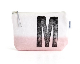 Personalised makeup bag, dip dyed in light pink, monogrammed initial stamp, monogram unique gift by renna deluxe