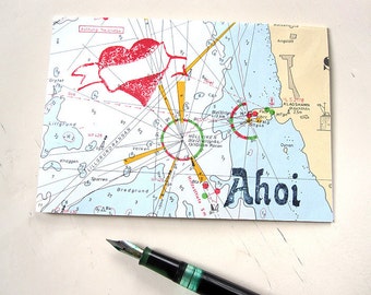 HEART Ahoi greeting card made of original marine chart upcycling by renna deluxe