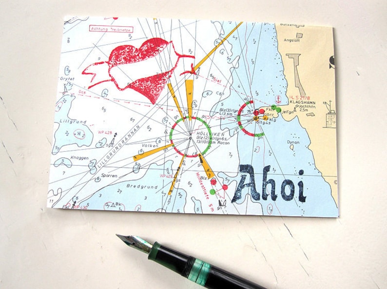 HEART Ahoi greeting card made of original marine chart upcycling by renna deluxe image 1
