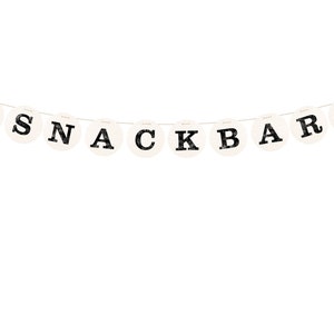 May include: A white banner with red hearts on each end and the words "SNACK BAR" in black letters.