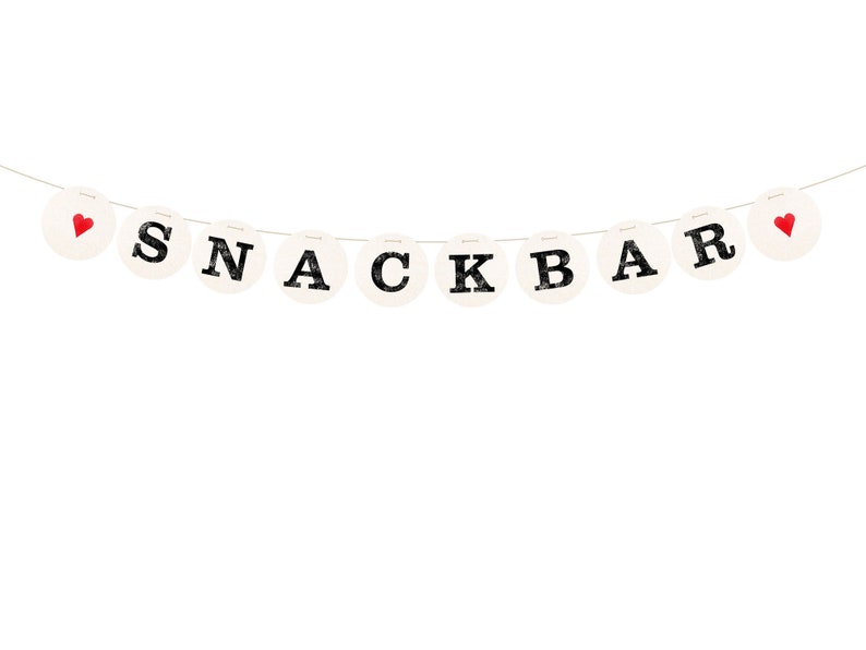 May include: A white banner with red hearts on each end and the words "SNACK BAR" in black letters.