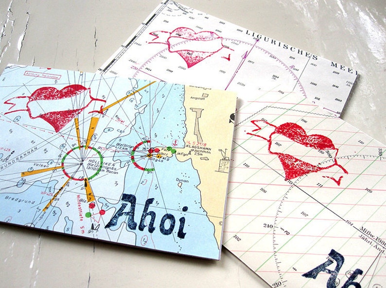 HEART Ahoi greeting card made of original marine chart upcycling by renna deluxe image 2