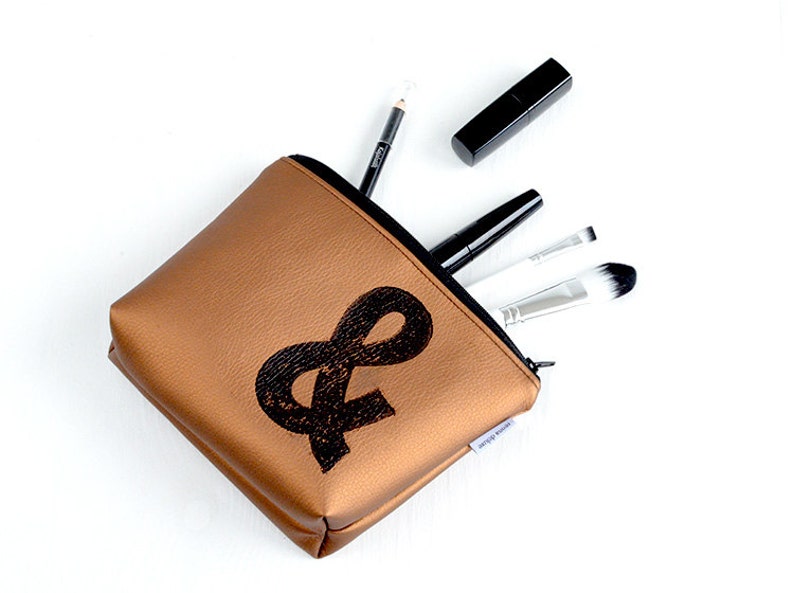 personalised makeup bag in BRONZE stamped with monogram, vegan, by renna deluxe image 2