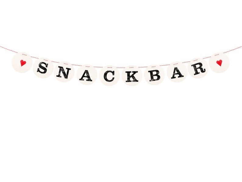 May include: A white banner with red hearts and black letters spelling "SNACKBAR" hanging on a red and white string.