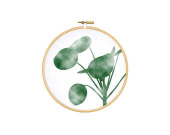 Pilea print wall art in embroidery hoop, urban jungle, wall decoration art by renna deluxe