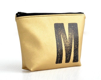 makeup bag in GOLD / Stamped with the monogram// inital stamped / vegan, faux  leather / by renna deluxe