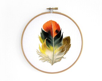 yellow Feather Hoop art // embroidery hoop, vintage graphic, wall decoration art by renna deluxe