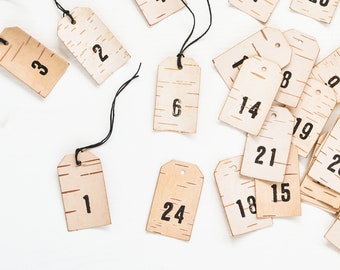 Advent calendar numbers pendant made of birch bark hand stamped natural christmas hygge, boho, scandi advent season by renna deluxe